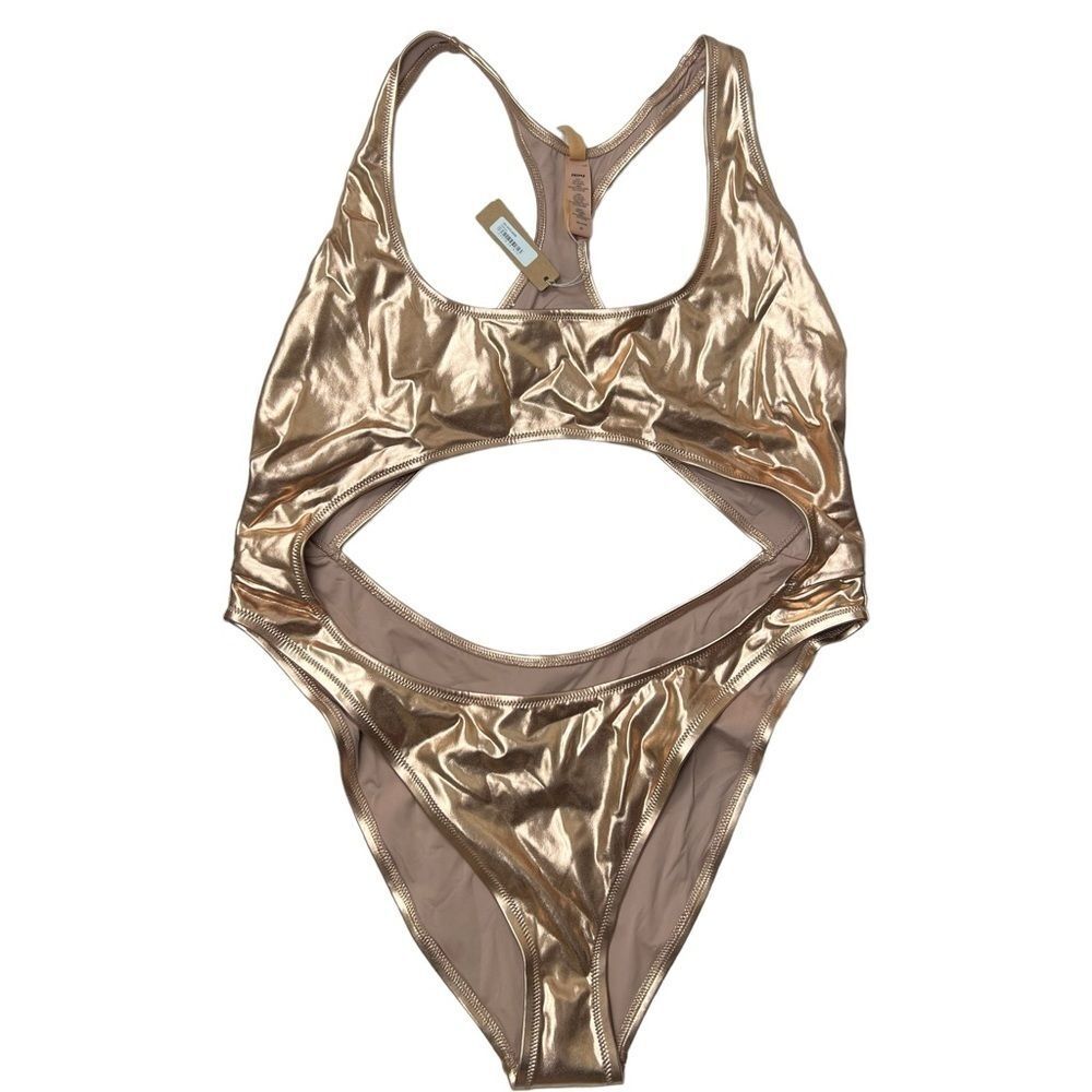 SKIMS Metallic Swim Cut Out Monokini in Champagne Rose Gold Champagne Size 2X